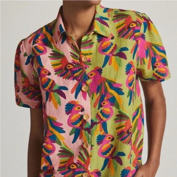 Farm Rio Top Womens Small Bird Printed Shirt Colorful Linen Tropical Boho Chic - Picture 3 of 16
